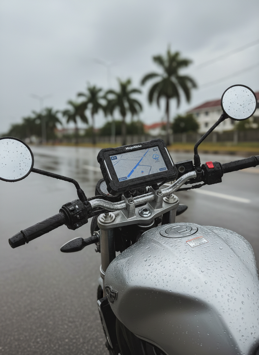 A rainy-day, photographic scene of a sturdy naked motorcycle stopped under a cloudy Malaysian sky, water droplets clearly visible on the fuel tank, mirrors, and the MojoMoto CarPlay unit’s rugged, water-resistant casing. The touchscreen shows a simple route line and weather icon, softly glowing through the moisture. Diffused, overcast light eliminates harsh shadows and emphasizes the beads of water clinging to every surface. The background reveals a wet asphalt road, faint reflections of palm trees in puddles, and distant low-rise buildings, all slightly blurred to keep focus on the device. The mood is resilient and confident, visually communicating durability and all-weather reliability.