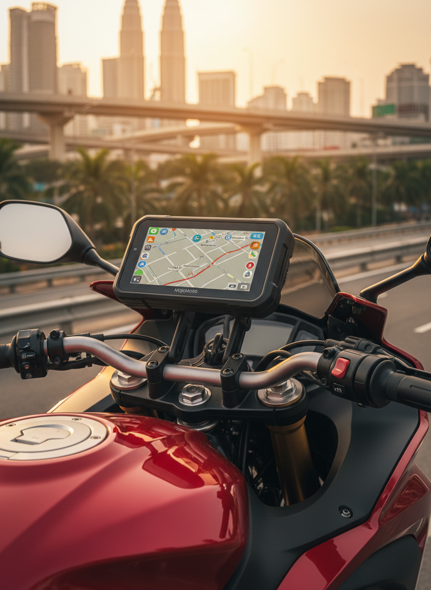 A close-up, photographic shot of a MojoMoto wireless CarPlay and Android Auto unit mounted securely on a sport bike’s handlebars, the sturdy black bracket and weather-sealed casing clearly visible. The glossy touchscreen displays a turn-by-turn navigation map of central Kuala Lumpur, with stylized, non-textual map markers hinting at city landmarks. Golden hour sunlight reflects off the screen and the motorcycle’s metallic red fairing, creating warm highlights. In the softly blurred background, elevated highways, palm trees, and modern Malaysian skyscrapers suggest urban commuting. Captured from a slightly elevated angle along the handlebar line, the composition is crisp and modern, conveying reliability, clarity, and advanced technology.