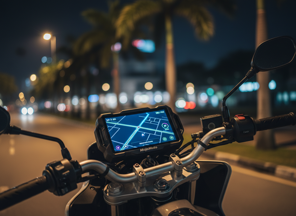 A night-time, photographic close-up of a motorcycle dashboard lit primarily by the glow of a MojoMoto CarPlay/Android Auto screen. The display shows a minimalist dark-mode navigation interface and simple media controls, with soft, colorful light reflecting off brushed metal handlebars and the textured rubber grips. Faint, out-of-focus city lights and overhead streetlamps in the background form a gentle bokeh, suggesting an urban Malaysian ride. Side lighting from a single streetlamp adds a subtle rim light to the edges of the device, emphasizing its sturdy construction. The mood is high-tech, focused, and slightly dramatic, perfect for showcasing visibility and usability after dark.