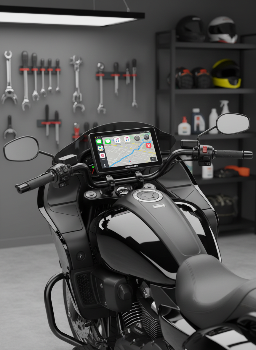 A sleek black touring motorcycle parked in a clean, modern garage, featuring a prominently mounted MojoMoto wireless CarPlay display at the center of the handlebars. The glass screen shows a vivid Apple CarPlay navigation interface with clear icons and a bright route line. The bike’s metallic tank reflects soft studio lighting, creating subtle highlights along its curves. The background is slightly blurred, with neatly arranged motorcycle tools and accessories on matte grey walls. Photographic realism, shot at eye level with a shallow depth of field, emphasizing the CarPlay unit as the hero product. The mood is professional and aspirational, suggesting a premium upgrade for serious riders.