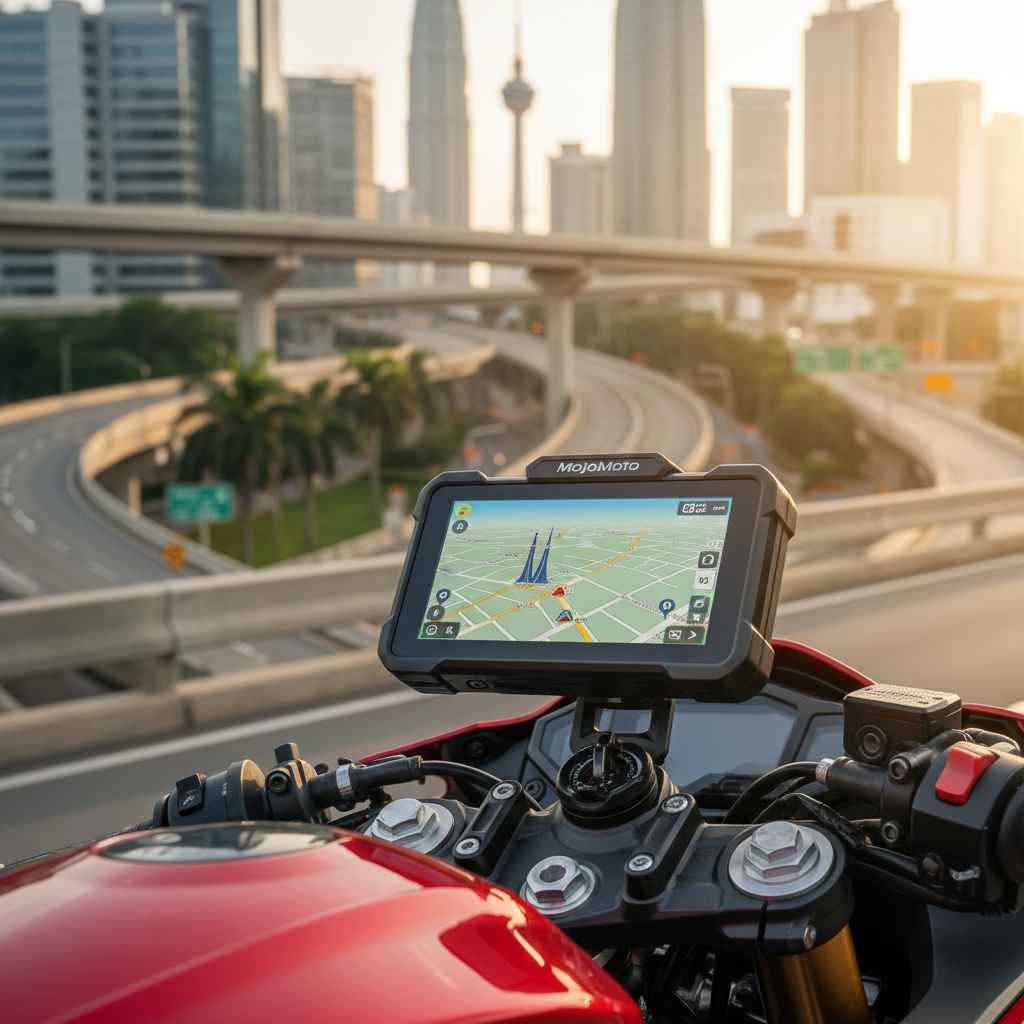 A close-up, photographic shot of a MojoMoto wireless CarPlay and Android Auto unit mounted securely on a sport bike’s handlebars, the sturdy black bracket and weather-sealed casing clearly visible. The glossy touchscreen displays a turn-by-turn navigation map of central Kuala Lumpur, with stylized, non-textual map markers hinting at city landmarks. Golden hour sunlight reflects off the screen and the motorcycle’s metallic red fairing, creating warm highlights. In the softly blurred background, elevated highways, palm trees, and modern Malaysian skyscrapers suggest urban commuting. Captured from a slightly elevated angle along the handlebar line, the composition is crisp and modern, conveying reliability, clarity, and advanced technology.