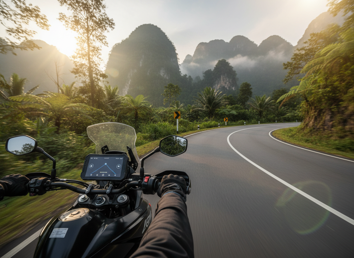 A dynamic, low-angle photographic shot of a dual-sport motorcycle leaning gently into a curve on a smooth Malaysian B-road, surrounded by lush green vegetation and distant limestone hills. The MojoMoto CarPlay screen on the handlebars is clearly visible, showing a simple navigation path and audio control icons without legible text. Motion blur in the foreground road markings and roadside foliage suggests speed, while the bike and display remain crisp and sharp. Late afternoon tropical light creates strong contrasts and a warm, energetic atmosphere. The composition uses the rule of thirds, with the cockpit and CarPlay unit anchoring the frame, conveying performance, precision, and freedom.