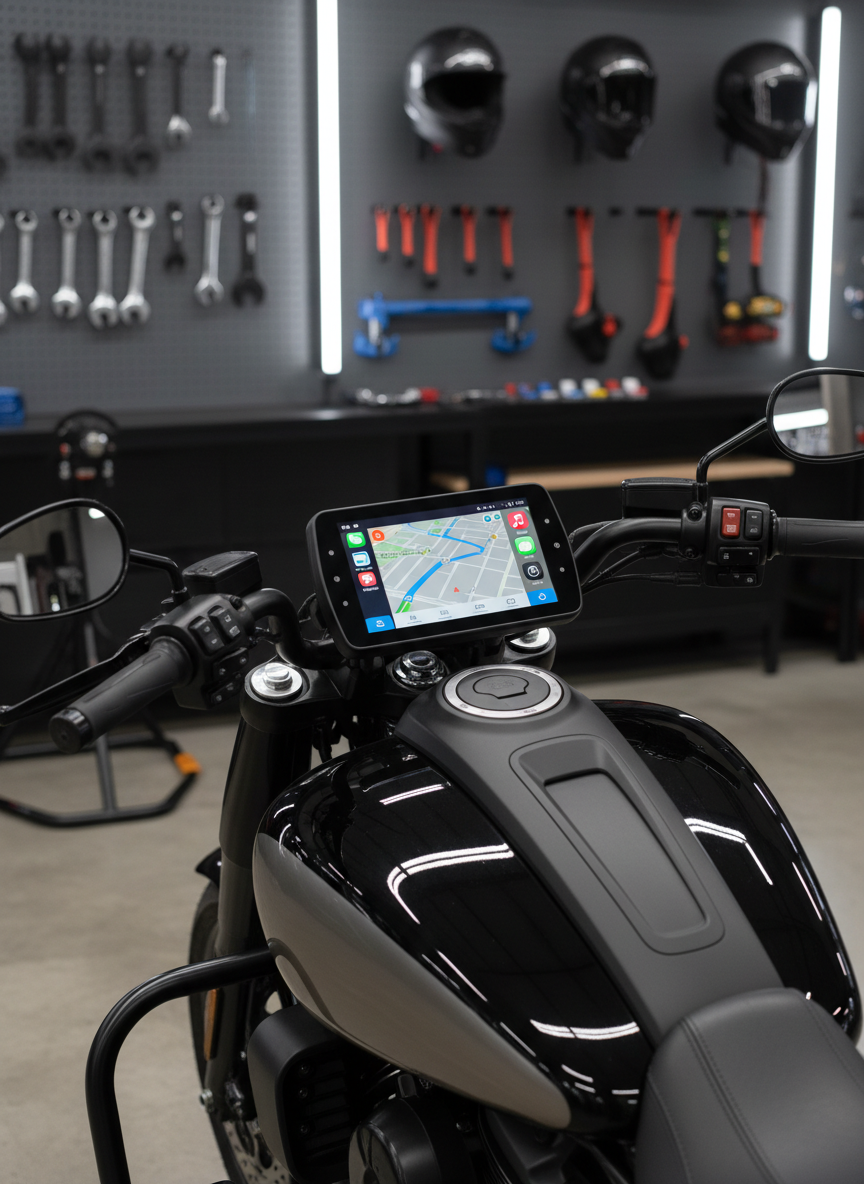 A sleek black touring motorcycle parked in a clean, modern garage, featuring a prominently mounted MojoMoto wireless CarPlay display at the center of the handlebars. The glass screen shows a vivid Apple CarPlay navigation interface with clear icons and a bright route line. The bike’s metallic tank reflects soft studio lighting, creating subtle highlights along its curves. The background is slightly blurred, with neatly arranged motorcycle tools and accessories on matte grey walls. Photographic realism, shot at eye level with a shallow depth of field, emphasizing the CarPlay unit as the hero product. The mood is professional and aspirational, suggesting a premium upgrade for serious riders.