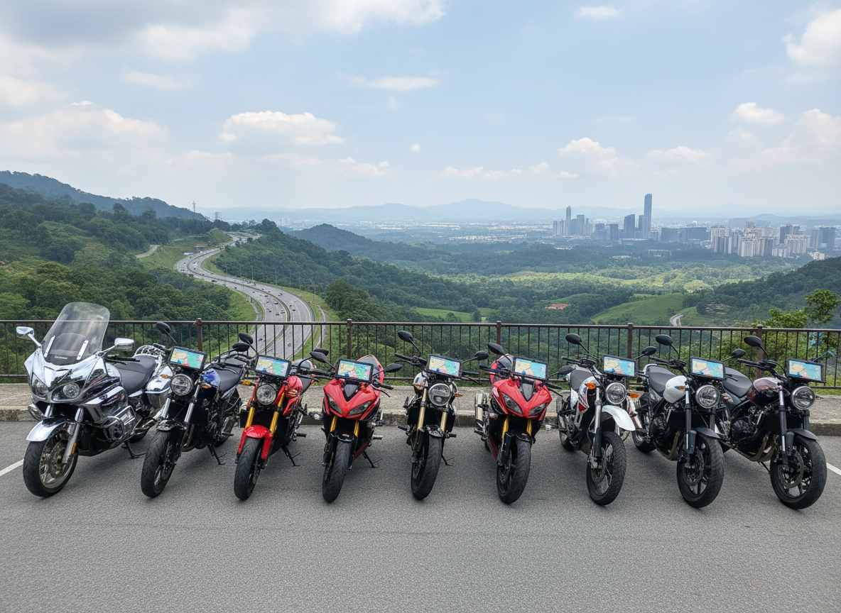 A wide, panoramic photographic scene of several different styles of motorcycles—touring, sport, and adventure—parked in an orderly row at a scenic Malaysian overlook, each clearly equipped with a MojoMoto CarPlay display on the handlebars. The viewing area looks out over rolling hills, a winding highway, and distant city skyline under a bright, slightly hazy tropical sky. Soft midday, diffused sunlight keeps colors natural and balanced, with gentle shadows beneath each bike. The composition emphasizes variety and flexibility, showing the product’s compatibility across multiple bike types. The atmosphere is communal and aspirational, while remaining free of any visible riders or people.