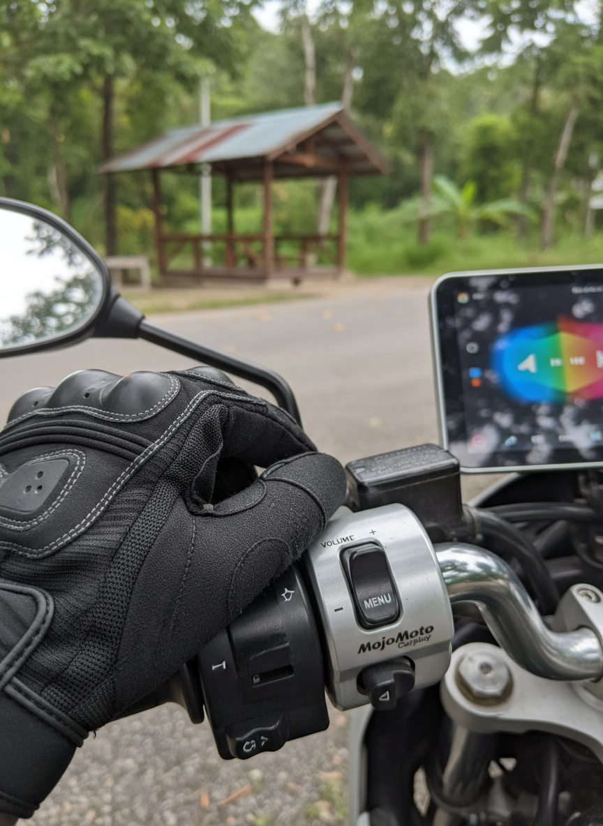 A detailed, photographic macro shot of a gloved hand-shaped placeholder grip resting near the MojoMoto CarPlay volume and menu controls on a motorcycle handlebar, without depicting an actual person. The textured synthetic glove, stitched seams, and brushed aluminum switchgear are in sharp focus, while the screen in the background shows a blurred, colorful app interface suggesting music playback. Soft, overcast daylight keeps contrast gentle, with delicate reflections on the chrome and plastic surfaces. The bike is parked near a leafy Malaysian roadside rest stop, hinted at by out-of-focus greenery and a simple shelter structure. The mood is practical and reassuring, highlighting everyday usability and rider-friendly ergonomics.