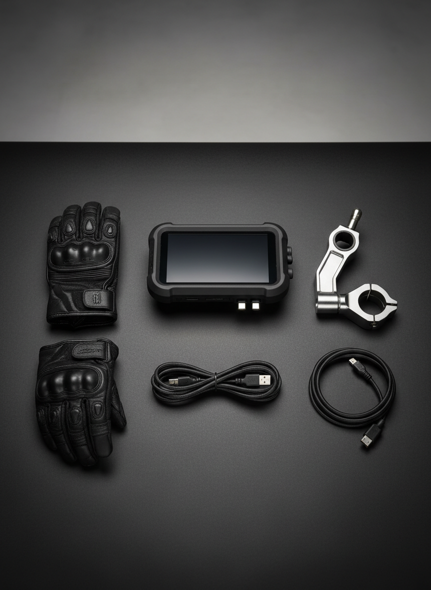 An overhead, studio-style photographic composition of a MojoMoto CarPlay unit removed from the bike, laid neatly on a matte black surface alongside its mounting bracket, cables, and a pair of riding gloves. Each component is precisely arranged with clean spacing, creating a premium unboxing feel. Soft diffused lighting from above creates smooth gradients across the device’s matte and glossy surfaces, highlighting its slim profile, rounded corners, and rugged weather-resistant ports. The background is intentionally minimal, with a shallow depth of field keeping the edges soft. The mood is technical yet approachable, ideal for a product features page showing everything included in the kit.