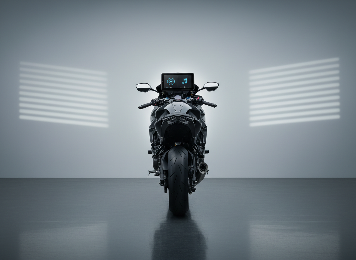 A clean, header-style photographic image with a single premium motorcycle centered in a minimalist studio environment, positioned on a reflective dark grey floor. The MojoMoto CarPlay unit sits squarely on the handlebars, its screen showing a simplified interface combining navigation and music controls, using icons instead of text. Neutral, soft-box lighting from both sides creates crisp, controlled reflections along the bike’s fairings and the device’s glass surface, with a subtle halo glow behind the bike separating it from a smooth gradient background. The mood is professional and high-end, ideal for a homepage hero section that immediately communicates cutting-edge motorcycle connectivity.