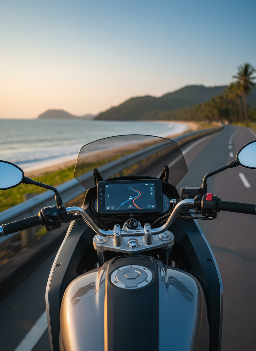 A cinematic, wide-angle, photographic view from just behind a motorcycle cockpit on a coastal Malaysian highway, showing the MojoMoto CarPlay display centered between the handlebars. The screen shows a minimalist navigation interface guiding along a winding shoreline road, with simple route lines instead of readable text. The surrounding dashboard, mirrors, and switches are sharp and detailed, while the distant sea, palm-fringed hills, and blue sky fall softly out of focus. Late afternoon sunlight casts a warm glow across the scene, creating gentle reflections on the screen and tank. The mood is adventurous yet controlled, emphasizing confident long-distance touring with dependable navigation.